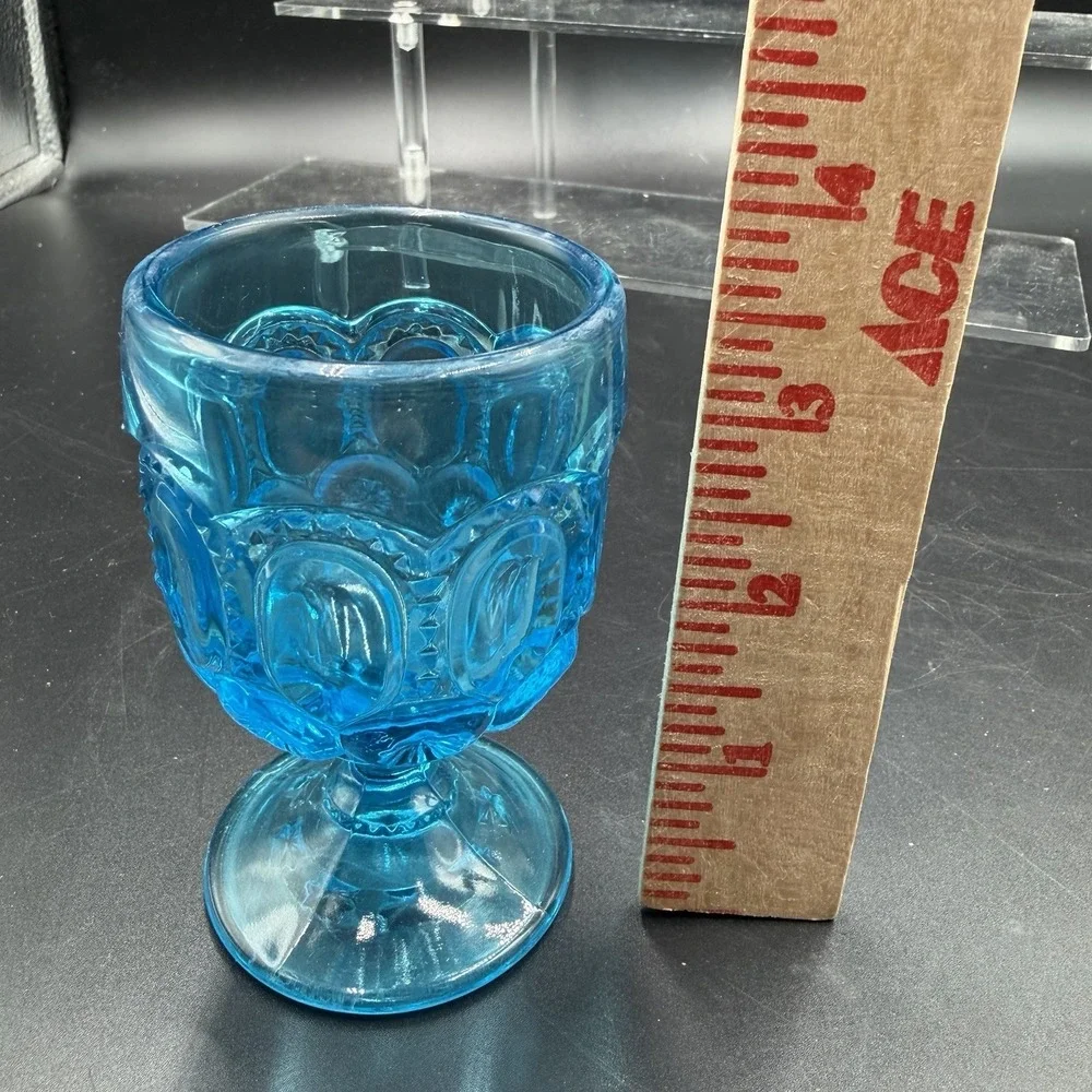 Vintage LE Smith Moon & Stars Peacock Blue Cordial Set of 2 Pedestal Goblet UV +
